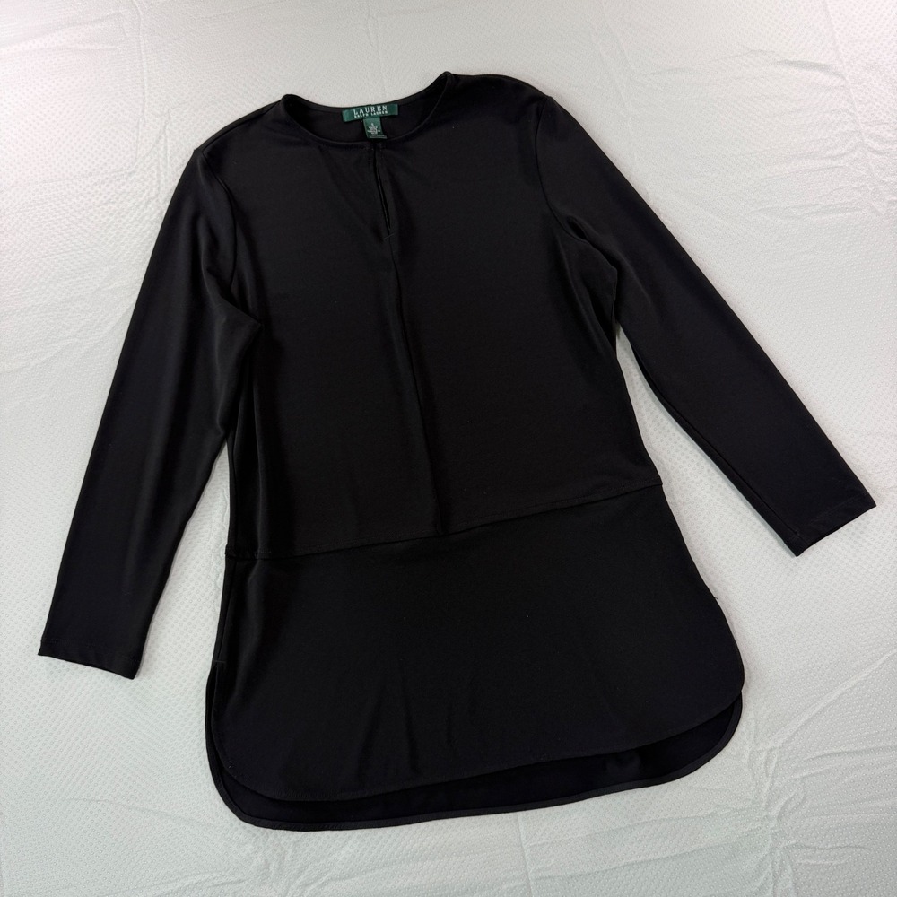 Lauren Ralph Lauren Top Womens Small Black Keyhole Layered Tunic Long Sleeve